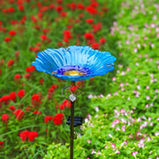 Homight glass bird bath front view showing shape and stake, decorative benefit