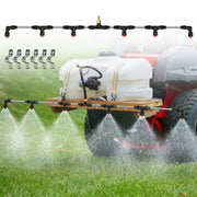 HooLing boom sprayer front-mounted on ATV showing wide coverage