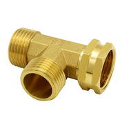 Hooshing brass tee front view showing female and two male 3/4" GHT ports and durable finish