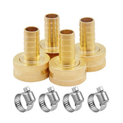 Hooshing 3/8" to 3/4" connector front view showing four-piece kit and clamps, durable brass