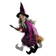 Hourleey flying witch front view showing full costume and broom, great focal piece