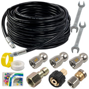 Hourleey front view of full 50ft sewer jetter kit showing included parts and benefit