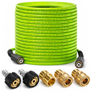 Hourleey front view of 100 ft green pressure washer hose showing length and color benefit