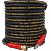 Hourleey front view of 50FT pressure washer hose showing length and tags, clear product ID and benefits