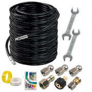 Hourleey front packaging showing full 200ft sewer jetter kit and benefits