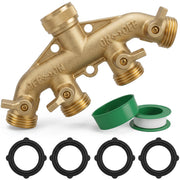 Hourleey front view of solid brass splitter showing sturdy body and four outlets benefit durability