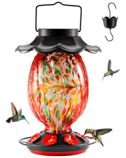 HouseSapp front view of hand-blown glass feeder showcasing artisan color and attracting birds