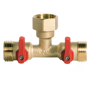 HQMPC brass splitter front view showing robust metal body and dual outlets for durability