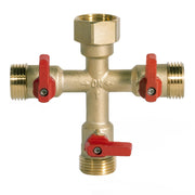 HQMPC brass splitter front view showing durable construction and clear outlets for reliability