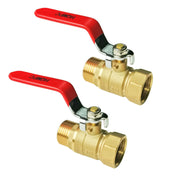 HQMPC front view of two brass shut off valves showing compact durable bodies and handles for reliable control
