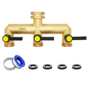 HQMPC front view of brass 3-way splitter showing all ports and handles for versatile watering