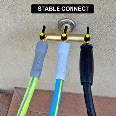 HQMPC three-way ports showing 3/4" GHT outlets for connecting multiple hoses simultaneously