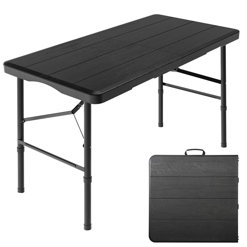 Hsundries table front view showing wood-grain desktop and sturdy profile benefit: stylish strength