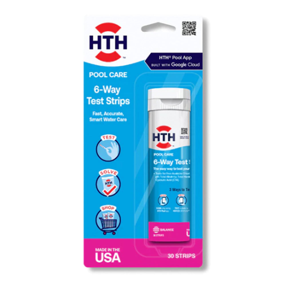 HTH bottle front label showing 30-count and six test parameters, quick identification benefit