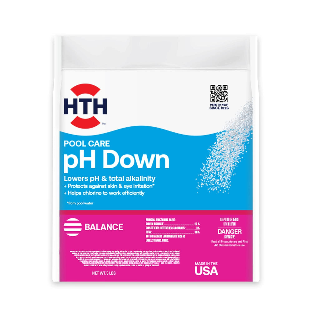 HTH pH Down front label showing product and weight for quick ID and confidence