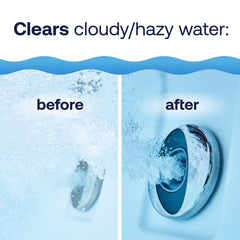 HTH spa clarifier bottle next to measuring cup for size and dosing clarity