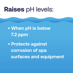 HTH Spa pH Up measuring scoop next to crystals for accurate dosing and safe use
