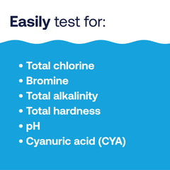 Hand dipping an HTH strip into pool water to demonstrate quick on-site testing, fast results benefit