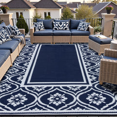HUGEAR front view of navy lantern rug showing full pattern and size benefit