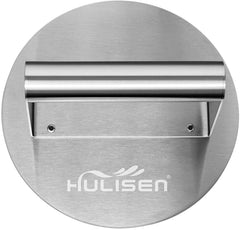 HULISEN front view of stainless steel burger press showing sturdy design and benefit of durability