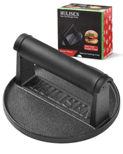 HULISEN front view of cast iron burger press showing solid build and weight benefit