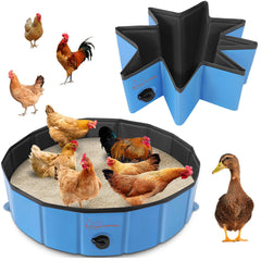 HUMUMU front view of foldable chicken dust bath tub showing size benefit