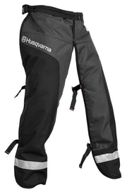Husqvarna apron chaps front view showing full leg coverage and protection benefit