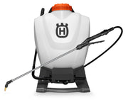 Husqvarna backpack sprayer front view showing tank and wand for reliable spraying