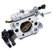 Husqvarna carburetor front view showing precise OEM construction and improved reliability