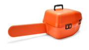 Husqvarna front view of orange hard case showing lock tab and durable shell for secure transport