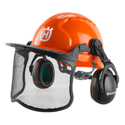 Husqvarna helmet front view showing orange shell and integrated protection