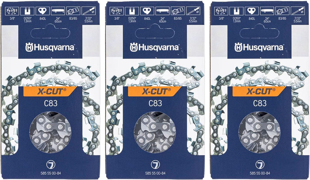 Husqvarna front packaging showing three X-CUT chains ready to use