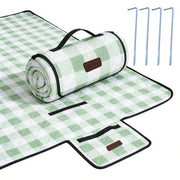 HX&OD folded blanket front view showing compact portability and gingham pattern