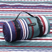 HX&OD front view of green and white picnic blanket shows overall pattern and portability