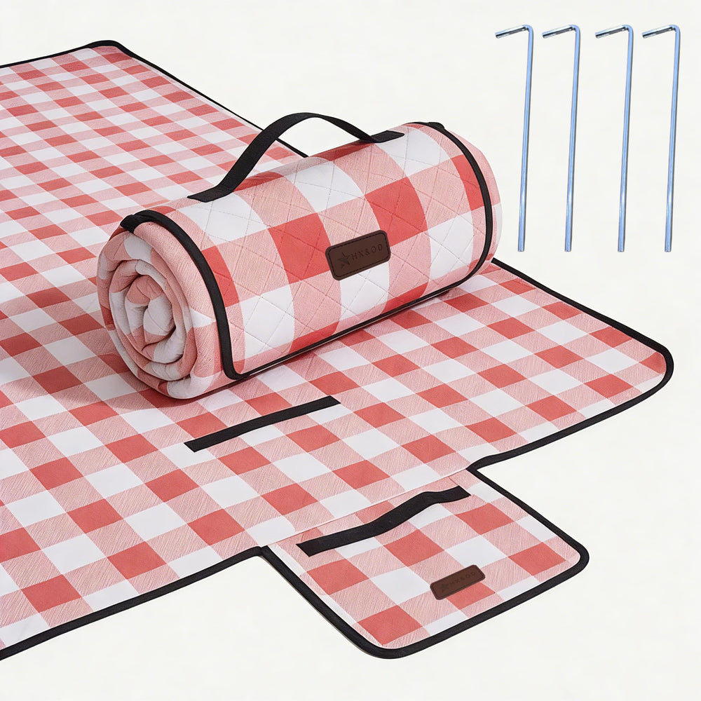 HX&OD front view of red 80x80 picnic blanket showing pattern and size benefit