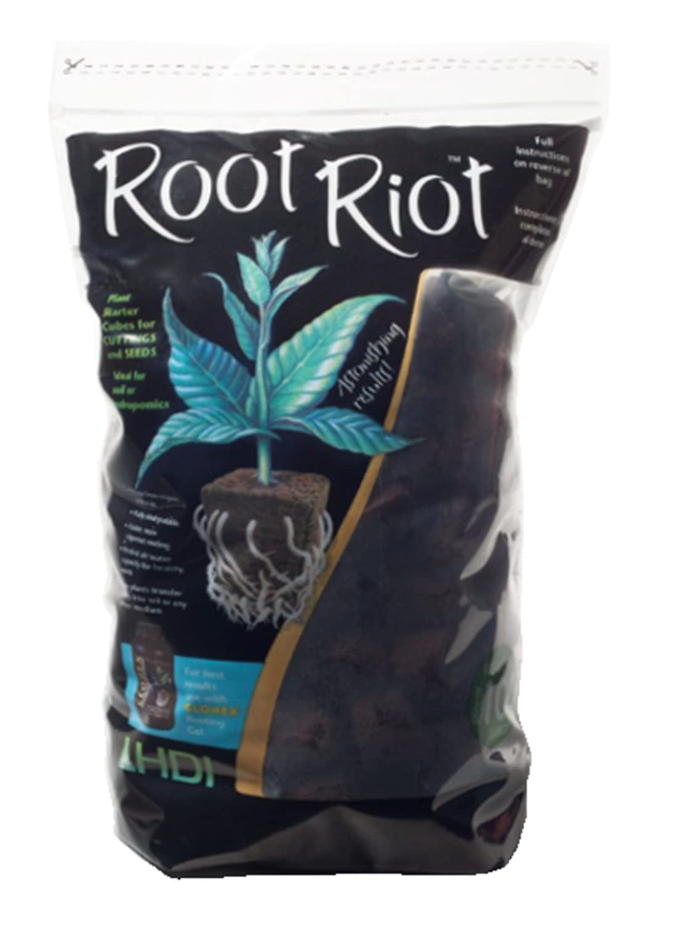HYDRO DYNAMICS Root Riot front packaging showing ready-to-use starter cubes
