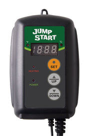 Hydrofarm JumpStart thermostat front view showing controls and display for easy temperature setup