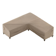 iBirdie front view showing full L-shaped cover protecting sofa outdoors