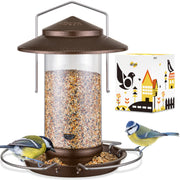 iBorn feeder front view showing coffee finish and sturdy build, attracts birds