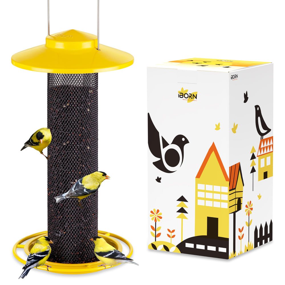 iBorn feeder front view showing mesh tube and yellow roof for bird visibility