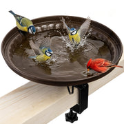 iBorn front view of deck-mounted bird bath showing secure clamp and bowl benefit: stable bird access