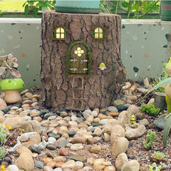 IMOFEE fairy door mounted on a tree trunk creating a tiny home scene