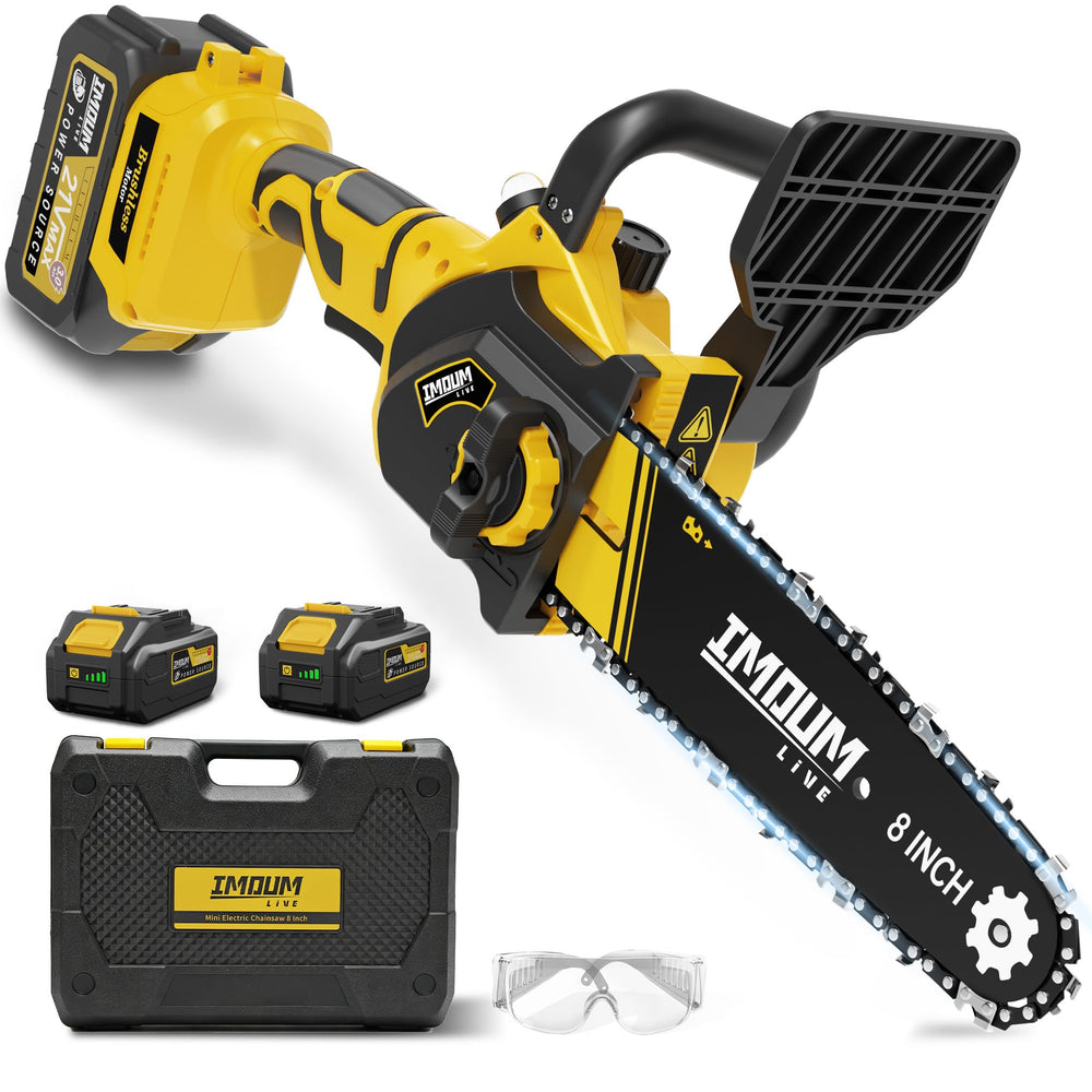 IMOUMLIVE mini chainsaw front angle showing compact portability and control