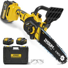 IMOUMLIVE mini chainsaw front angle showing compact portability and control