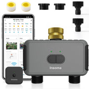 Insoma front view of hose timer showing controls and dual outlets for precise watering
