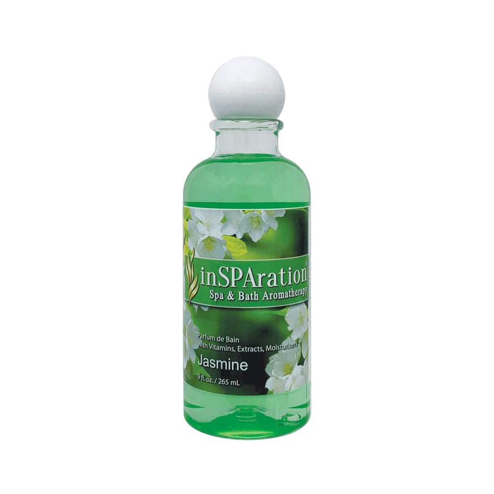 inSPAration jasmine 9oz front bottle showing label and easy-dosing cap for convenience