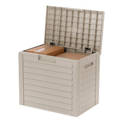 IRIS USA front view of beige deck box showing neat outdoor storage benefit