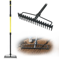 Jardineer front view of full bow rake showing wide 18-tine head for faster work