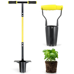 Jardineer long-handle transplanter front view showing durable build and reach benefit