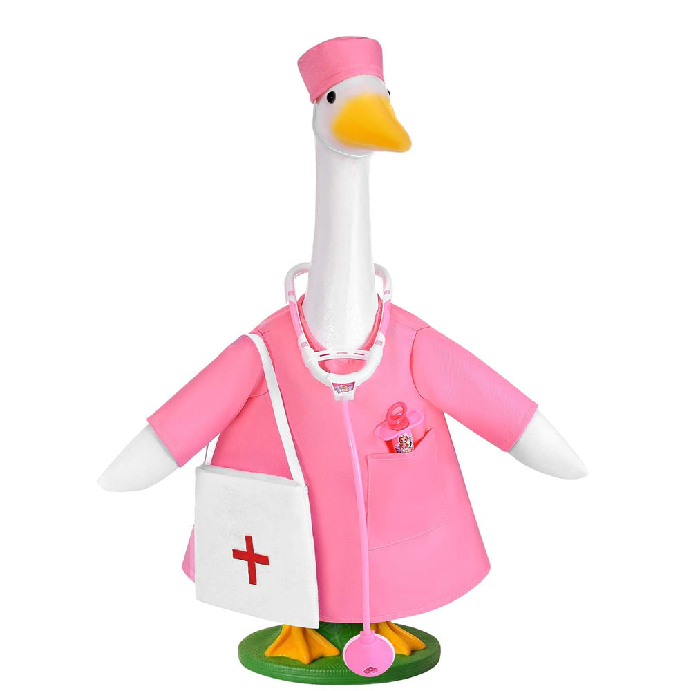 JcHrmers doctor outfit front view on a 23-inch goose showing friendly detail